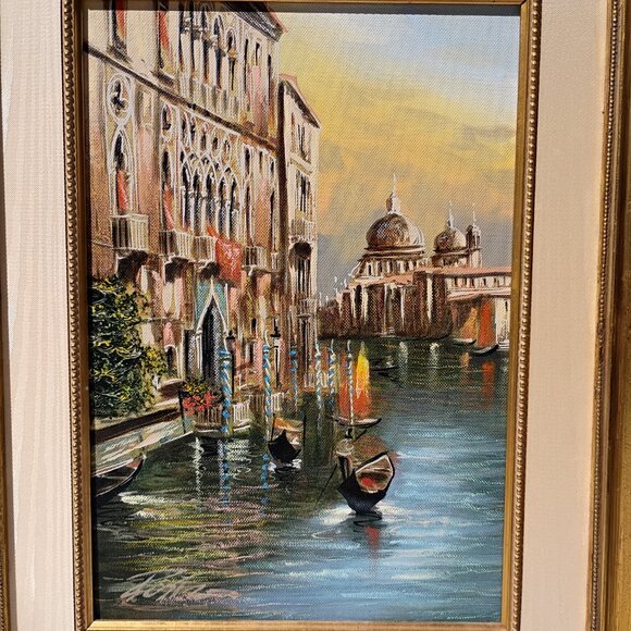 Oil Painting On Canvas Venetian Canal Scene Signed Venice Gondolas Framed Vtg - Picture 2 of 14
